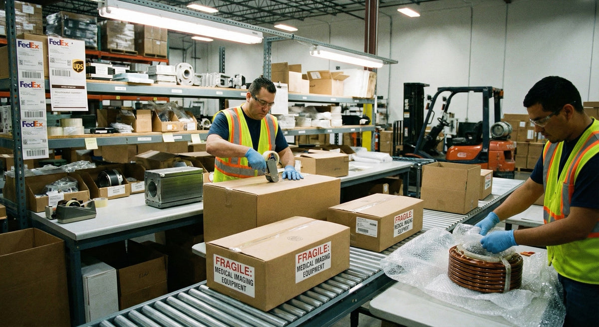 Packaging station preparing medical imaging parts for shipment
