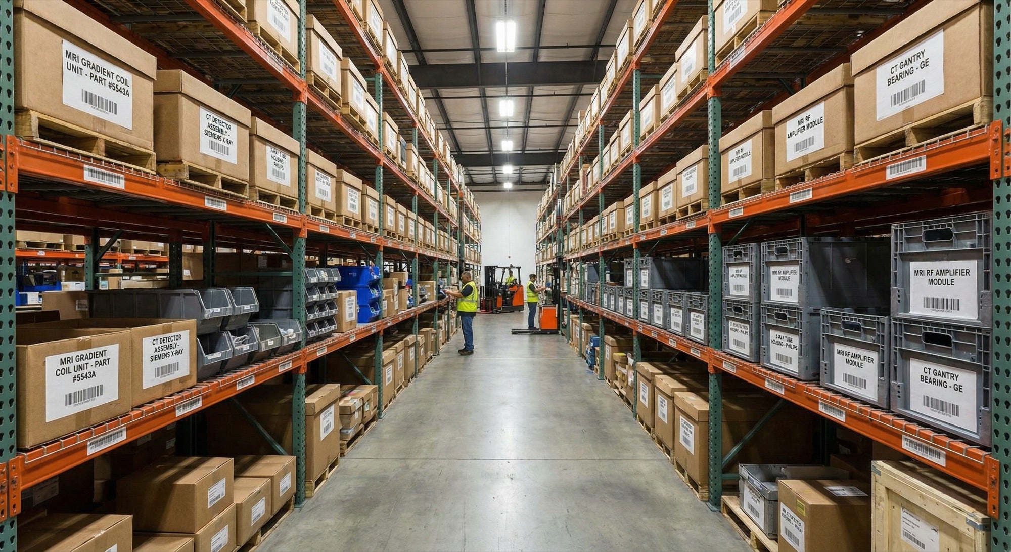 Warehouse shelves stocked with labeled medical imaging parts