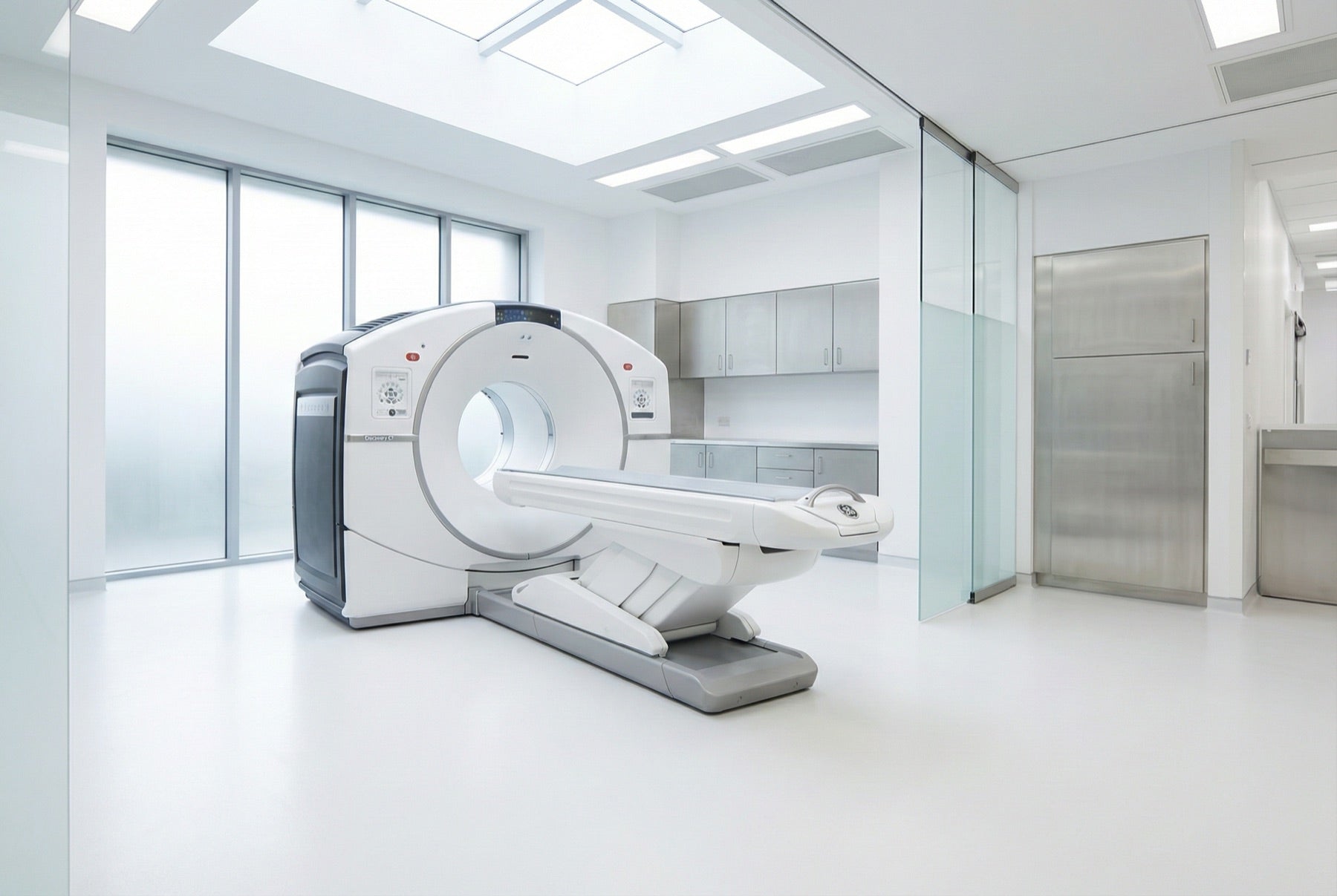 GE CT scanner in a bright radiology suite